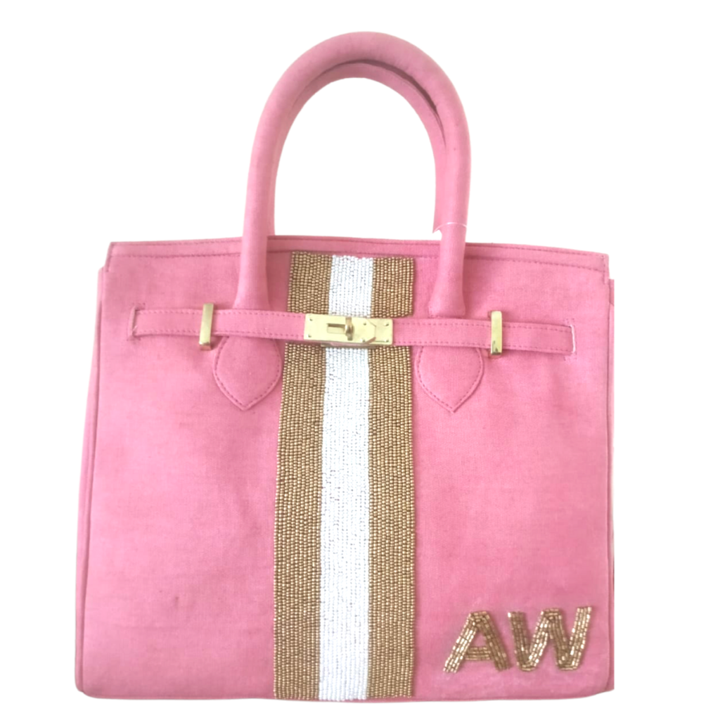 Pink Handmade Beaded Gold & White Cabana Stripe Canvas Bag No Monogram - (3-5 WK Delivery)