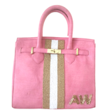 Pink Handmade Beaded Gold & White Cabana Stripe Canvas Bag