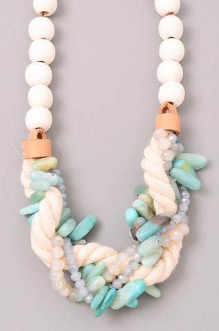 Mixed Aqua Natural Stone and Rope Twist Necklace with Faux Leather and Wood Accents
