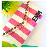 Hand Beaded Custom Navy, Pink Cabana Stripe OR Palm Leaf Bags with Optional Chain