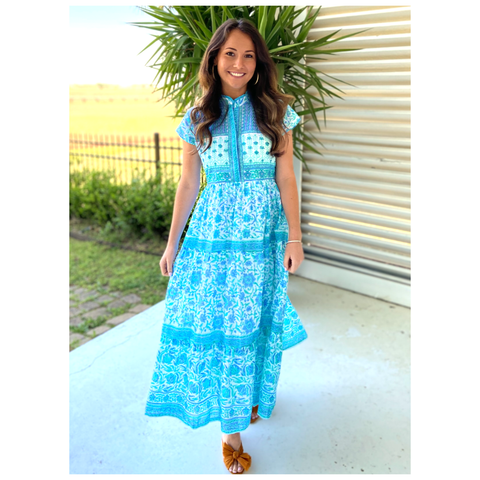 Bella Tu Fiona Peacock Cap Sleeve Embroidered Block Print Dress with Mirror Accents