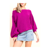 Fuchsia Ribbed Knit Balloon Sleeve Off the Shoulder Sweater