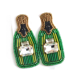 HANDMADE Green Beaded Rhinestone Embellished Champagne Bottle Earrings