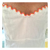 White Linen Open Back Banded Waist Maxi Dress with White, Pink, Yellow & Orange Woven Rainbow Stripe Embroidered RicRac Trim