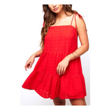 Tomato Red Textured Linen Tiered Dress with Shoulder Ties