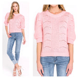 Pink Open Knit Puff Sleeve Summer Weight Fine Knit Sweater with Banded Waist