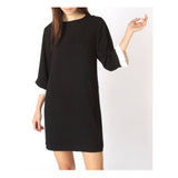Black Knit 3/4 Sleeve Shift Dress with Pleated Ivory Poplin Sleeves & Ivory Neckline Piping