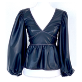 Black Vegan Leather Balloon Sleeve Peplum Top with Ivory Contrast Stitching