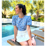 Blue EYELET Puff Sleeve Nicole Top with Keyhole Back