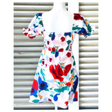 White Red Purple & Teal Abstract Floral Print Puff Sleeve Dress with Smocked Back