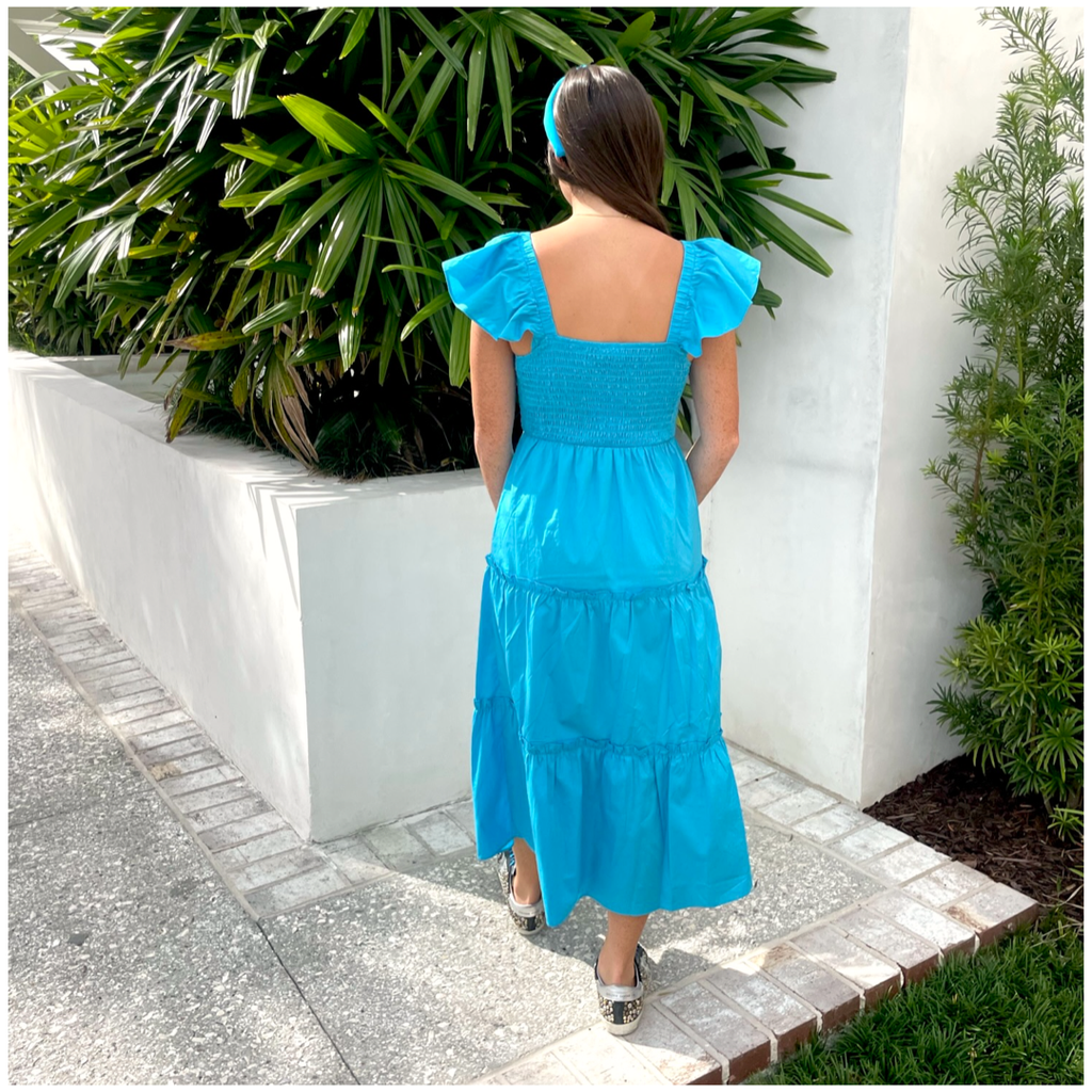 Cerulean Blue Smocked Cotton Lou Dress - James Ascher Cerulean Blue Smocked Cotton Lou Dress - James Ascher