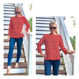 Red or Navy Striped Scalloped Hem 3/4 Sleeve Boatneck Top