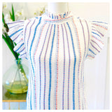 White Blue Multicolor Embroidered Flutter Sleeve Mock Ruffle Neck Top with Keyhole Back