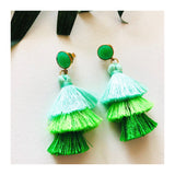 Jade Stone & Triple Green Contrast Tassel Earrings