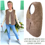 Latte Brown Quilted High Low Hem Fiona Vest with Leather Contrast