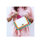 White Vegan Leather Clutch with Red Pink Green & Yellow Ric Rac Trim