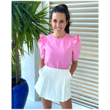 Bubblegum Pink Poplin + Cotton Knit Contrast Ruffled Mimi Top