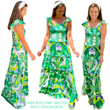 Green Retro Print Smocked Ruffle Kathleen Dress