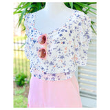 Ivory Lavender & Coral Floral Print Ruched Puff Sleeve Top with Open Back