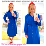 Electric Blue Shirred Shoulder Button Down Woven Dress with OPTIONAL Belt Sash & Pockets
