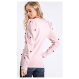 Baby Pink Fine Knit Puff Sleeve Sweater with Red Pom Pom Appliqués