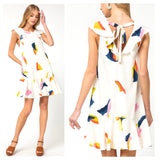 White & Multi Geometric Print Drop Hem Dress with Open Tie Back
