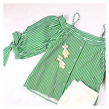 Green White Stripe Cold Shoulder Button Down 3/4 Sleeve Top with Tie Sleeves