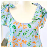 Blue, Orange & Green Floral Print Tie Shoulder Swing Top with Button Down Back