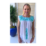 Turquoise & White Embroidered Textile Top