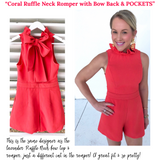 Coral Ruffle Neck Romper with Bow Back & POCKETS