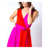 Red & Fuchsia Colorblock Maxi Dress with Self Tie Belt