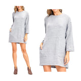 Grey Three Quarter Sleeve SOFT Brushed Knit Shift Dress with Front Pockets