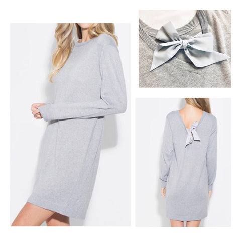 Light Grey Soft Long Sleeve Wool Blend Sweater Dress with Silk Bow Back