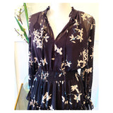 Black Teal & Ivory Floral Ruffle Hem Smocked Waist Dress with Semi Sheer Sleeves & Optional Tassel Tie