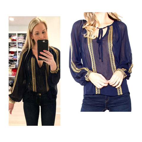 Sapphire Blue & Gold Embroidered Tunic Top