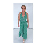 Bright Emerald Green Stripe Halter Maxi Dress with Flounce Hem