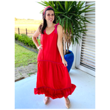 Red & Pink Piped Contrast Catalina Tie Shoulder Maxi Dress