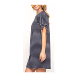 Navy White Stripe Knit Shift Dress with Tie Sleeves