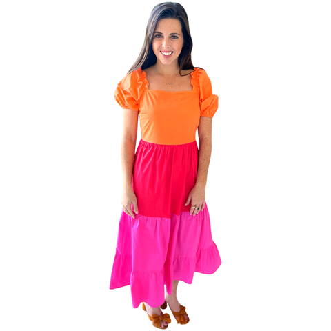 Pink Orange & Red Color Block Cotton Annie Dress with Ruffle Neck Trim