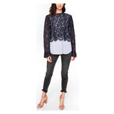 Navy Lace Long Sleeve Top with Pinstripe Shirttail Hem Contrast
