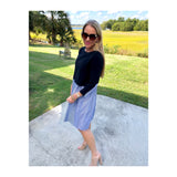 Navy Knit & Blue Shirttail Contrast Empire Waist Midi Dress with Elbow Accents