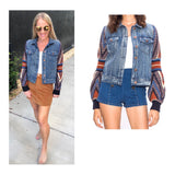 Denim Jacket with Aztec Multicolor Knit Balloon Sleeves