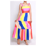 Candy Colored Abstract Tiered Ruffle Hem A-Line Midi Dress with Shoulder Ties