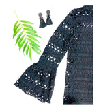 Black Crochet Lace Bell Sleeve Scalloped Hem Dress with Keyhole Back