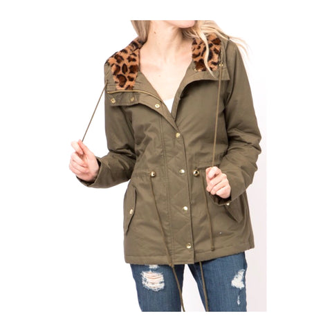 Olive Cinch Waist Utility Jacket with Leopard Fur Hood Lining & Quilted Interior Lining