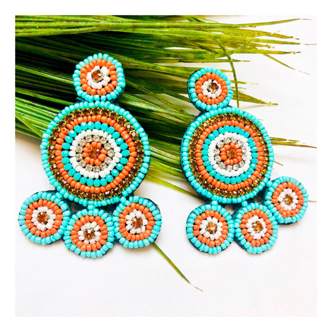 Orange & Turquoise Beaded Circle Earrings