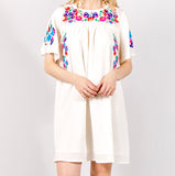 Off White Embroidered Floral Short Sleeve Shift Dress with Pleated Back