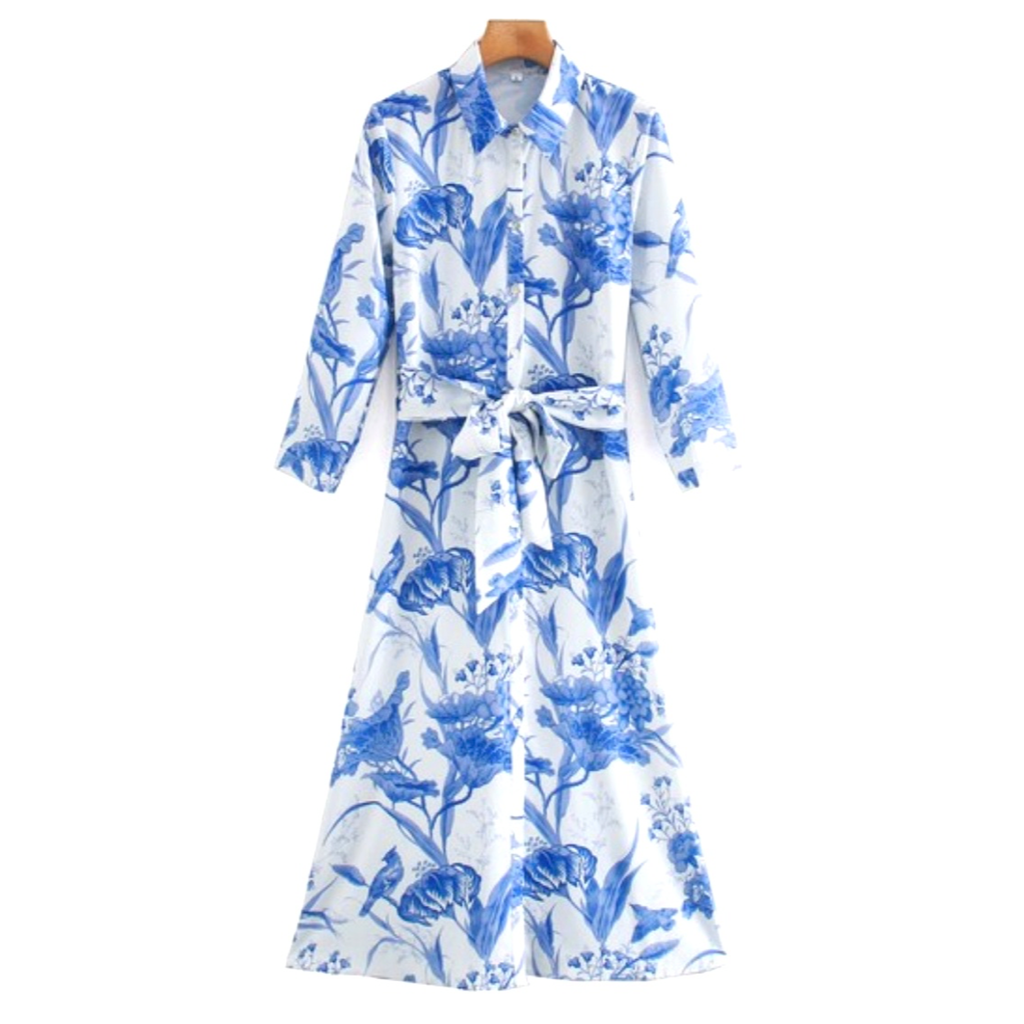 Blue & Ivory Button Down Floral Print A-Line Dress with Belt Sash - James Ascher Blue & Ivory Button Down Floral Print A-Line Dress with Belt Sash - James Ascher