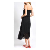Black Tie Front Strapless Ruffle Hem Midi Dress with Textured Embroidery