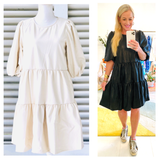 Black or Ivory LEATHER Puff Sleeve Dress with Tiered Ruffle Hem, POCKETS & Keyhole Back